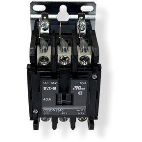 Eaton C25DNJ340B Definite Purpose Motor Control Contactor, Series E1, 3-Pole, Coil Voltage 208/240VAC 50/60Hz, 40A Inductive, 50A Resistive, Current Type AC, Use 75C Copper Wire Only
