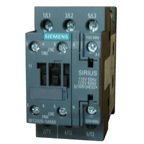 Siemens 3RT2025-1AK60 3 Pole, 16 AMP contactor Rated 5 H.P @ 230v / 10 H.P. @ 460 Volt 3 Phase - 110/120vAC Coil and 1 N.O./1 N.C. Base Mounted Auxiliary Contacts