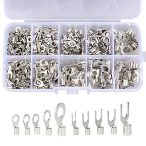 320PCS Non-Insulated Ring Terminals & Fork Electric Wire Connectors, AWG 22-16 16-14 12-10 Tinned Pure Copper Wire Lugs Battery Cable Terminals Wire Crimp Connectors