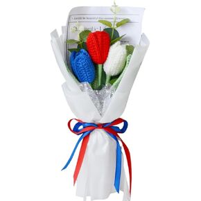 Crochet Flower Bouquet，Handmade Patriotic Red White and Blue Flowers,Knitted Artificial Tulip Flowers with Exquisite Wrap,New US Citizen Gifts for Senior Citizen Gifts Grandma Grandpa