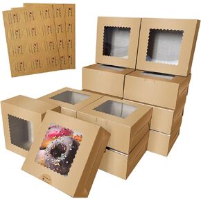 30Pcs Brown Bakery Boxes with Window, 6x6x3 Inches Kraft Paper Cookie Boxes, Premium Sturdy Dessert Boxes Treat Boxes for Cookies, Pastries, Muffins