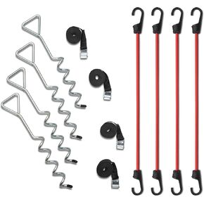 Trampoline Anchor Stakes - Pack of 4 Heavy Duty Galvanized Steel Corkscrew Spiral Shape - Complete with 4 Straps and 4 Bungee Cords