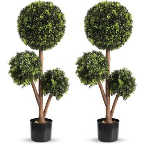 Artificial Topiary Boxwood Ball Trees, Outdoor 3ft Fake Topiaries Boxwood Triple Ball Tree, Faux Shrubs Plants Potted(2 Packs) Green Decor Indoor Porch or Garden（35inch）