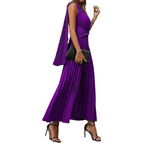 OYOANGLE Women's Sleeveless One Shoulder Twist Front Pleated Long Maxi Dress Party Cocktail Dresses