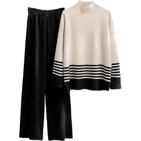 Women's 2 Piece Outfits Sweatsuit Knit Striped Pullover Top Wide Leg Pants Tracksuit Lounge Sets in Kuwait