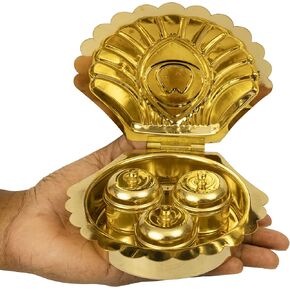 Traditional Handcrafted Brass Haldi kumkum Chandhan Holder Stand Plate with Lid Bowl for Pooja | Puja Worship - 3 Bowl Peacock Shell