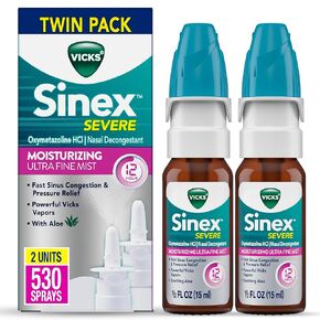 Vicks Sinex Severe Nasal Spray, Moisturizing Ultra Fine Mist with Aloe, Decongestant Medicine, Relief from Stuffy Nose due to Cold or Allergy, Nasal Congestion & Sinus Pressure Relief, 265 Sprays x 2