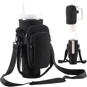 2 in 1 Water Bottle Holder with Pouch Pocket for Stanley 40 oz Tumbler, Water Bottle Carrier Bag for Stanley Cup Accessories, Water Bottle Sling Bag with Large Pouch & Strap for Phone, Cards, Key