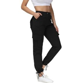 Cargo Pants for Women Elastic Waist Casual Jogger Pants with 6 Pockets for Hiking Black L