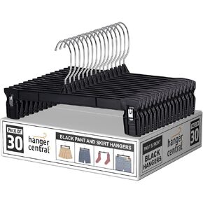Hanger Central 30 Pack Space Saving Heavy Duty Slim Plastic Pants, Skirts and Shorts Hangers, Ridged Non-Slip with Pinch Clips, 360-Rotating Chrome Swivel Hook, in Black, 10 Inches