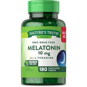 Nature's Truth Melatonin Tablets | 10mg | 180 Count | 100% Drug Free Supplement for Adults | Vegetarian, Non-GMO & Gluten Free | with L-Theanine