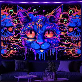 Uspring Trippy Blacklight Skull Tapestry Gothic Cat Skeleton Tapestries Hippie Eyes Tapestry UV Large Tapestry Psychedelic Wall Tapestry Hanging for Bedroom (51.2 x 59.1 inches)