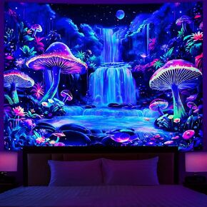 Dermijer Blacklight Tapestry Moonlit Garden Vintage Flower Aesthetic Tapestry Wall Hanging UV Reactive Sun Moon Tapestry Butterfly Floral Wall Tapestry for Home Decor W59.1×H51.2