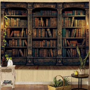 YEXIT Retro Bookshelf Wall Tapestry, Vintage Books Study Library Tapestries for College Dorm Bedroom Magic Caslte Backdrop 60×80 inch