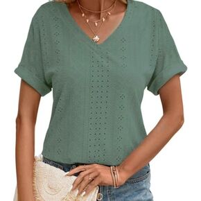 Leopard Splicing Solid Color T-Shirt Tops Women V Neck T Shirts Short Sleeve Leopard Print Loose Shirt with Pockets
