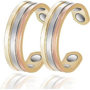 Copper Rings for Women, 2PCS Set Three Color Gold Adjustable Magnetic Ring,Copper Jewelry (B)