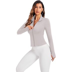 Women's Workout Zip Up Jacket, Cropped Running Athletic Jackets Slim Fit Gym Tops with Thumb Holes