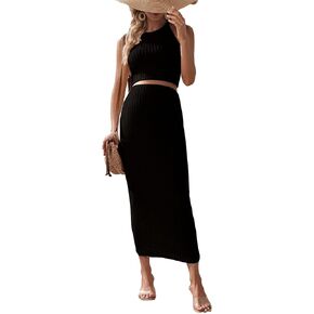 OYOANGLE Women's Maternity 2 Pieces Outfits Ribbed Knit Sleeveless Tank Top and Adjustable Waist Long Pencil Skirt Set