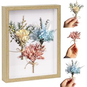 3 Pcs Mini Dried Flowers Bouquet with Shadow Box Frame Display Case - Mixed Natural Dried Flowers - DIY Crafts Hanging Hardware for Wall and Tabletop Display Decor - Memorial Picture Frame Shadow Box