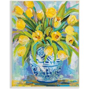 Stupell Industries Expressive Yellow Tulips in Ornate Blue Vase Painting Wall Plaque, 13 x 19