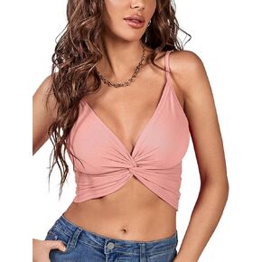 LYANER Women's Twist Knot Front Deep V Neck Rib Knit Sleeveless Cami Tank Crop Top
