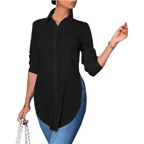 Rooscier Women's Collar V Neck Long Sleeve Slit Side Button Down Long Shirt Blouse Top