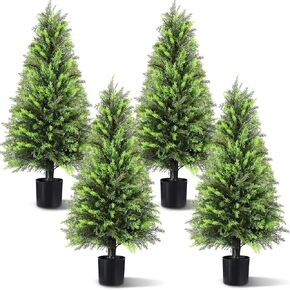 4 Pcs 3ft Artificial Topiary Trees Outdoor Artificial Cedar Trees UV Resistant Potted Faux Trees Plants Fake Shrub Trees Plastic Green Pine for Porch Garden Office Front Door Indoor Decor