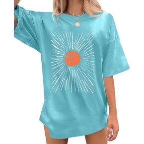 Oversized Sunshine Shirt Women Vintage Sun Print Graphic Tee Hiking T-Shirts Boho Summer Short Sleeve Top