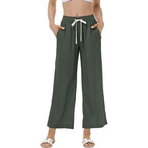 MCEDAR Linen Blend Pants for Women High Waisted Wide Leg Striped Drawstring Beach Pants with Pockets