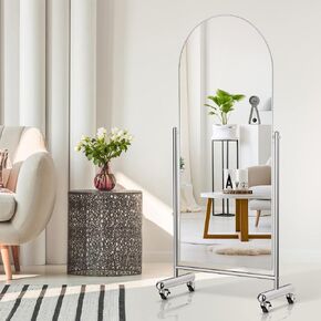 Full Length Mirror on Rolling Wheels, 65"x23" Arched Mobile Standing Mirror Floor Mirror, Adjustable Large Tilting Swivel Mirror with Stainless Steel Stand, Modern Dressing Mirror Body Mirror