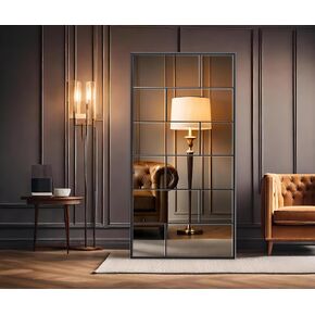 Mirrace 70×35" Window Pane Full Length Wall Mirror - Large Farmhouse Windowpane Mirror Wall Mounted or Leaning - Rectangular Window Decorative Mirrors - Big Floor Beveled Mirror Metal Framed (Black)