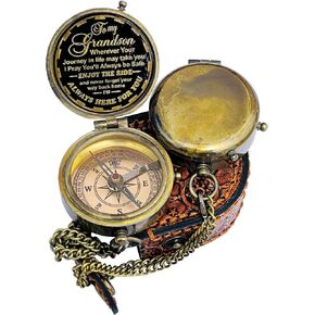 Gift for Grandson Brass Compass Engraved Quote - Memory Present to My Grandson Birthday, Baptism, Graduation, Confirmation, Love, Gift idea by Grandpa Grandma - Always Here for You.