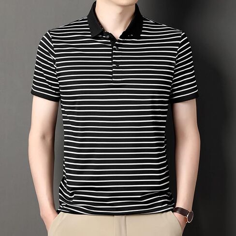 Men's Striped Polo Shirt Cotton Golf Shirts Business Casual Stand Collar Polo Shirt Simple Basic Top in Saudi Arabia