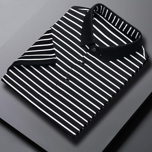 Men's Striped Polo Shirt Cotton Golf Shirts Business Casual Stand Collar Polo Shirt Simple Basic Top in Saudi Arabia