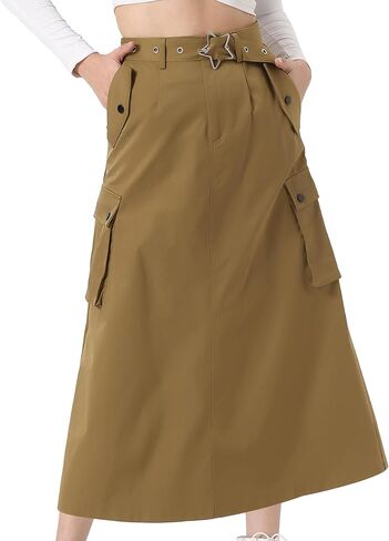 Allegra K Cargo Skirt Woman's 2023 Trendy Y2K Skirts Zip Tie Waist Cargo Long Skirt with Pockets in Kuwait