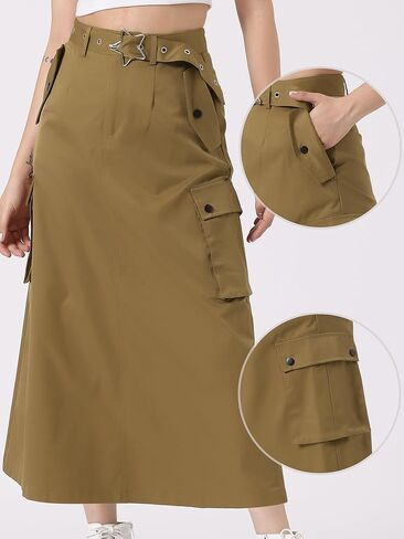 Allegra K Cargo Skirt Woman's 2023 Trendy Y2K Skirts Zip Tie Waist Cargo Long Skirt with Pockets in Kuwait