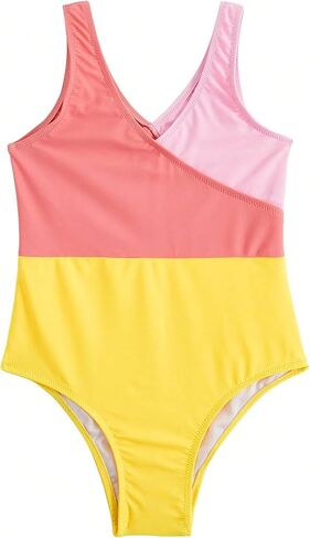 OYOANGLE Girl's One Piece Swimsuit Colorblock Sleeveless V Neck Wireless Tank Swimwear Bathing Suits in Saudi Arabia