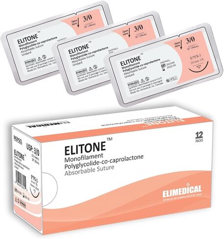 ELITONE Veterinary Monofilament Polycaprolactone Absorbable Sutures, Reverse Cutting 3/8 Circle, 24 mm, 3/0 36" FS1 942PGCL in Saudi Arabia