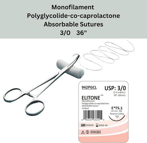 ELITONE Veterinary Monofilament Polycaprolactone Absorbable Sutures, Reverse Cutting 3/8 Circle, 24 mm, 3/0 36" FS1 942PGCL in Saudi Arabia