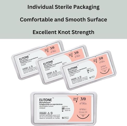 ELITONE Veterinary Monofilament Polycaprolactone Absorbable Sutures, Reverse Cutting 3/8 Circle, 24 mm, 3/0 36" FS1 942PGCL in Saudi Arabia