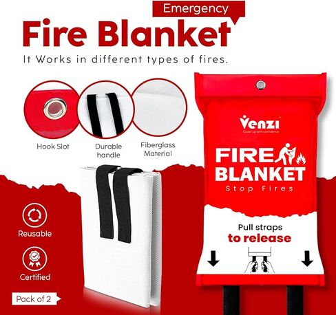 Venzi Ensure Home Safety with our 2-Pack Large 47"x71" Fire Blankets Emergency for Home & Kitchen - Fiberglass Emergency Fire Blanket with Pull Straps for Rapid Protection Against Kitchen Fires in Saudi Arabia