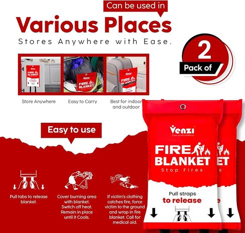 Venzi Ensure Home Safety with our 2-Pack Large 47"x71" Fire Blankets Emergency for Home & Kitchen - Fiberglass Emergency Fire Blanket with Pull Straps for Rapid Protection Against Kitchen Fires in Saudi Arabia