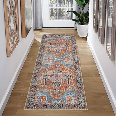 Runner Rug Vintage Hallway Runner Rug Entryway Rug, Washable Stain Resistant Non-Slip Accent Rug Retro Distressed Nedallion Bedroom Rug Runner Entrance Carpet for Kitchen, Orange, 2' x 6' in Saudi Arabia
