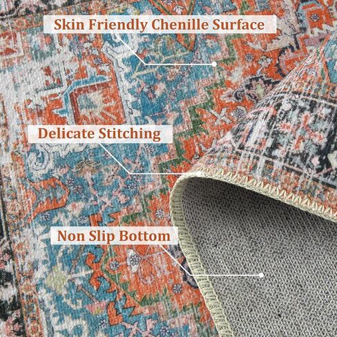 Runner Rug Vintage Hallway Runner Rug Entryway Rug, Washable Stain Resistant Non-Slip Accent Rug Retro Distressed Nedallion Bedroom Rug Runner Entrance Carpet for Kitchen, Orange, 2' x 6' in Saudi Arabia