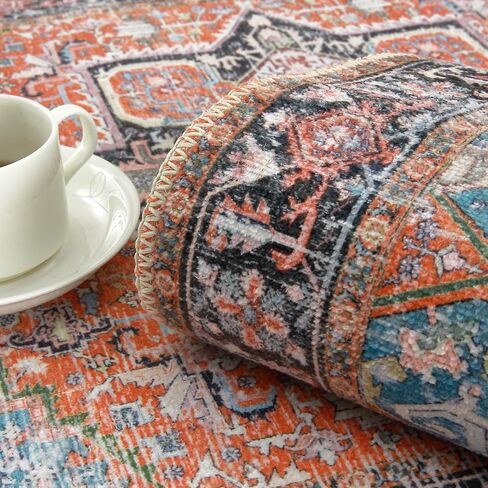 Runner Rug Vintage Hallway Runner Rug Entryway Rug, Washable Stain Resistant Non-Slip Accent Rug Retro Distressed Nedallion Bedroom Rug Runner Entrance Carpet for Kitchen, Orange, 2' x 6' in Saudi Arabia