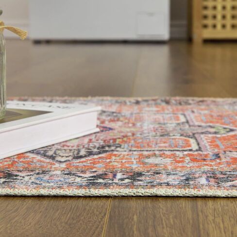 Runner Rug Vintage Hallway Runner Rug Entryway Rug, Washable Stain Resistant Non-Slip Accent Rug Retro Distressed Nedallion Bedroom Rug Runner Entrance Carpet for Kitchen, Orange, 2' x 6' in Saudi Arabia