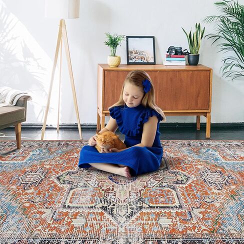 Runner Rug Vintage Hallway Runner Rug Entryway Rug, Washable Stain Resistant Non-Slip Accent Rug Retro Distressed Nedallion Bedroom Rug Runner Entrance Carpet for Kitchen, Orange, 2' x 6' in Saudi Arabia