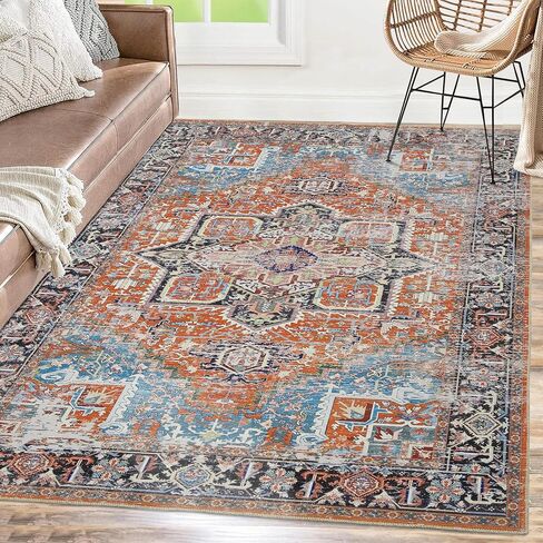 Runner Rug Vintage Hallway Runner Rug Entryway Rug, Washable Stain Resistant Non-Slip Accent Rug Retro Distressed Nedallion Bedroom Rug Runner Entrance Carpet for Kitchen, Orange, 2' x 6' in Saudi Arabia