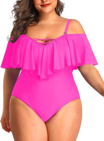 Daci Plus Size One Piece Swimsuits for Women Off Shoulder Ruffle Bathing Suits Flounce Tummy Control Swimwear in Saudi Arabia