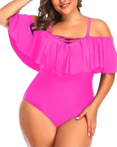Daci Plus Size One Piece Swimsuits for Women Off Shoulder Ruffle Bathing Suits Flounce Tummy Control Swimwear in Saudi Arabia